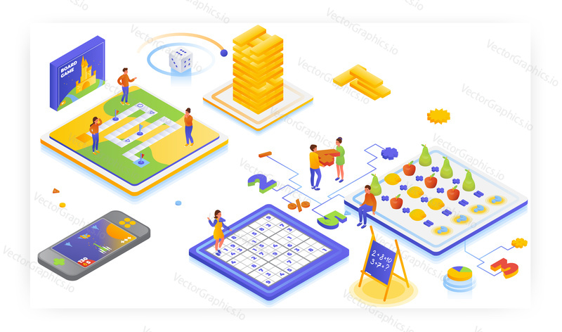Math educational and entertaining games for kids, flat vector isometric illustration. Children learning mathematics, playing board games. Fun math worksheets, quizzes, number puzzles. Leisure activity