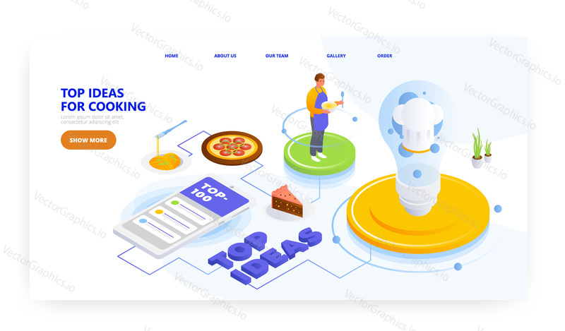 Nejlepší nápady na vaření, design vstupní stránky, šablona banneru webu, izometrická ilustrace plochého vektoru. Vaření jídla, nápady na večeři, oblíbené recepty, knihy o vaření online.