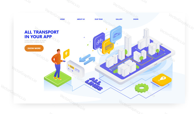 Dopravní aplikace, design vstupní stránky, šablona banneru webových stránek, izometrická ilustrace plochého vektoru. Všechny trasy v mobilní aplikaci pro cestování na kole, taxi, auto, veřejnou dopravu.