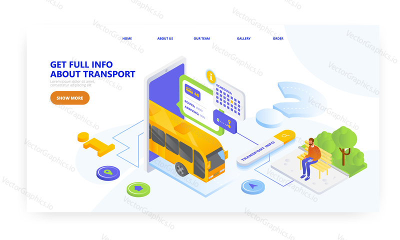 Mobilní aplikace pro informace o městské dopravě, design vstupní stránky, šablona banneru webových stránek, izometrická ilustrace plochého vektoru. Jízdní řád autobusových linek, jízdní řád. Průvodce veřejnou dopravou.