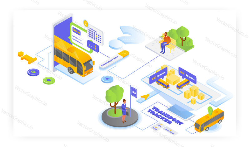 Transport Online tracker, ploché vektorové izometrické ilustrace. Sledování polohy městské hromadné dopravy, mobilní aplikace gps navigace. Jízdní řád autobusových linek, jízdní řád.