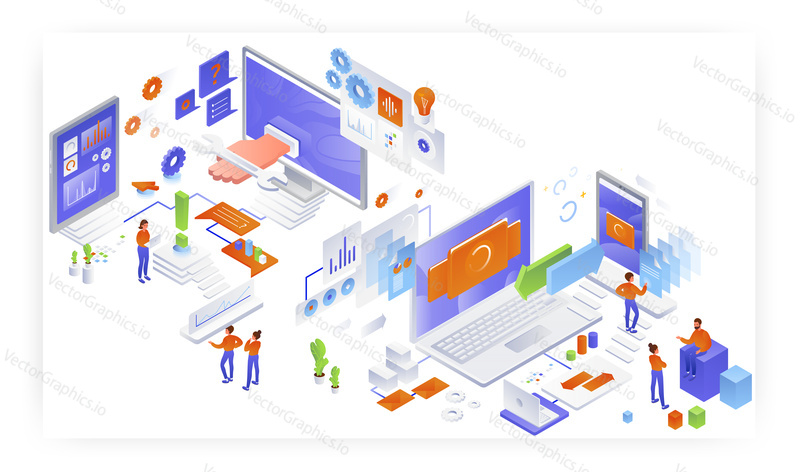 Customer support, computer service, flat isometric vector illustration. Data synchronization process between laptop computer and mobile phone devices. Technical assistance.