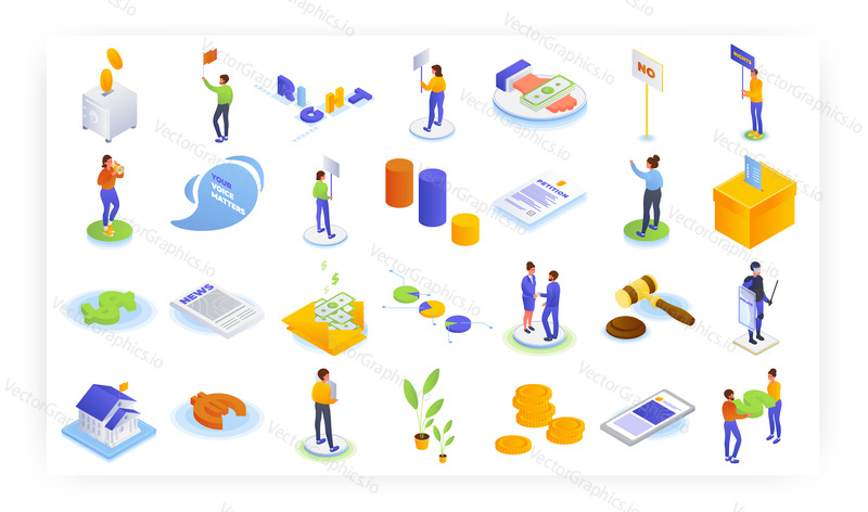 Anti corruption social protest, political meeting, isometric icon set, flat vector isolated illustration. Your voice matters. Right voice. Petition, election, vote. Social movements against bribery.
