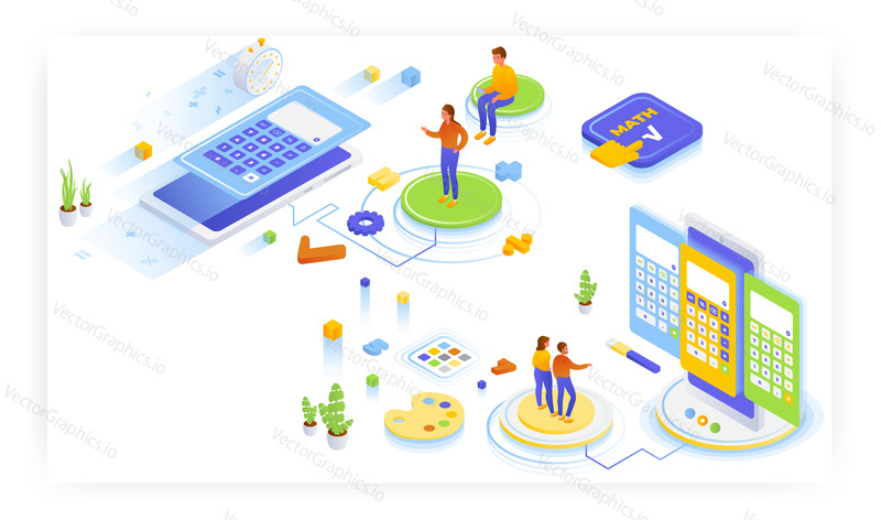 Online kalkulačky a matematické aplikace design, ploché vektorové izometrické ilustrace. Nejrychlejší matematický kalkulačka mobilní ui design.
