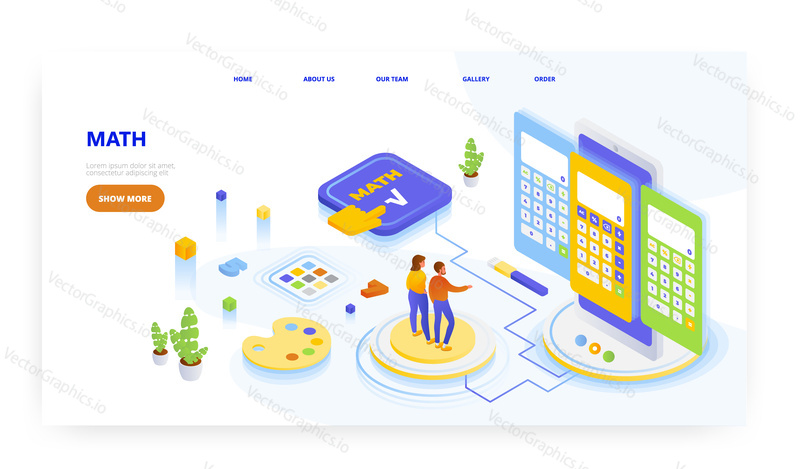 Návrh aplikace Math calculator, design vstupní stránky, šablona banneru webových stránek, izometrická ilustrace plochého vektoru. Mobilní kalkulačka smartphone UI design.