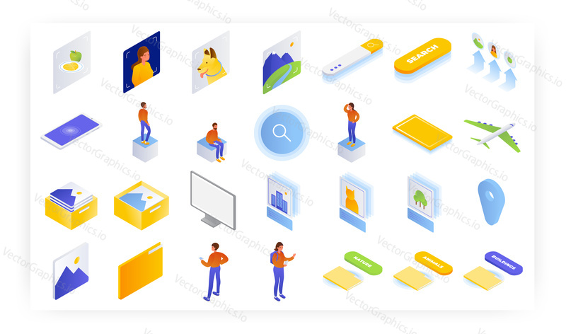 Fast image search, online image gallery or smart photo album, isometric icon set, flat vector isolated illustration.
