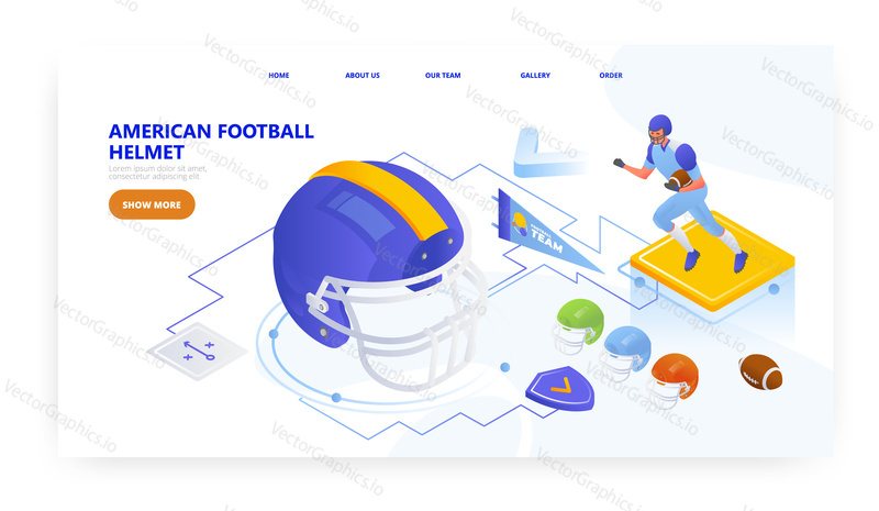 American football helmet, landing page design, website banner template, flat vector isometric illustration. Football player protective equipment.