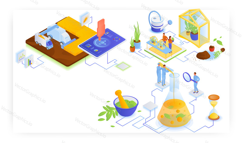 Smart farming and biotechnology, flat vector isometric illustration. Smart intelligent combine harvester, tabletop greenhouse, indoor garden. GMO experiment, genetic engineering lab.