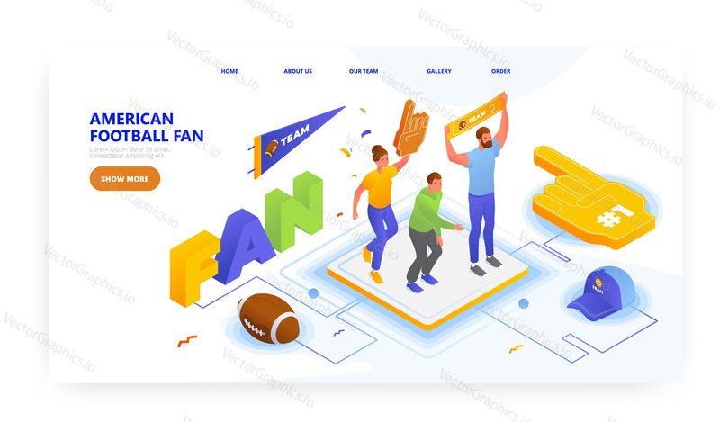 Americký fotbalový fanoušek, design vstupní stránky, šablona banneru webových stránek, izometrická ilustrace plochého vektoru. Týmová podpora pěnový prst, praporek, míč. Lidé fandí oblíbenému fotbalovému týmu.