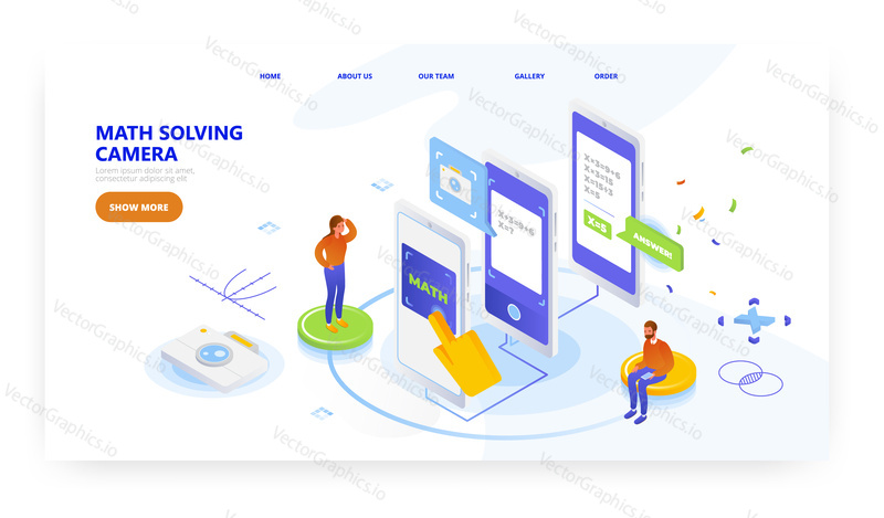 Matematika řešení kamera, design vstupní stránky, webové stránky banner šablony, ploché vektorové izometrické ilustrace. Aplikace pro řešení matematických rovnic. Online foto kalkulačka.