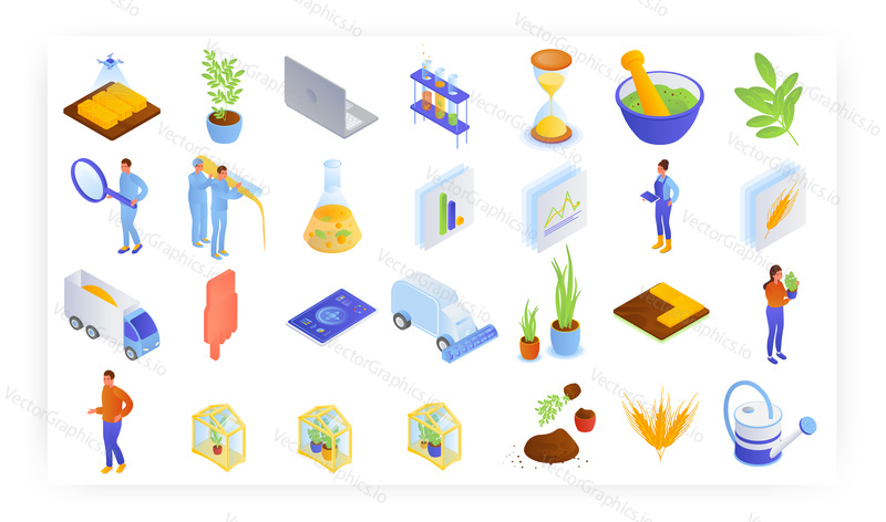Smart farming, biotechnology, agriculture technology, isometric icon set, vector isolated illustration. Smart intelligent combine harvester, tabletop greenhouse. GMO testing lab, agricultural drone.