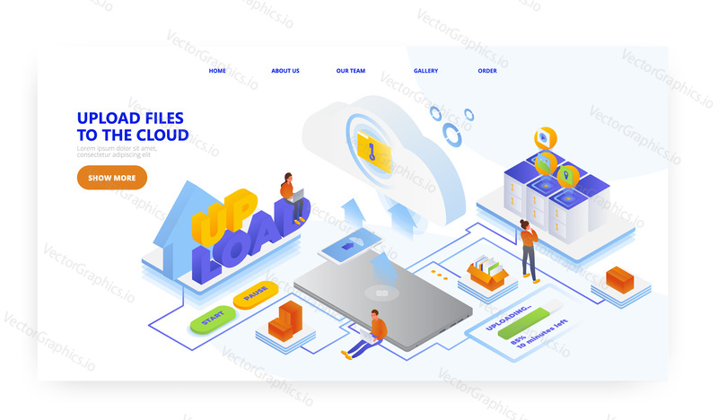 Nahrajte soubory do cloudového úložiště, design vstupní stránky, šablona banneru webových stránek, izometrická ilustrace plochého vektoru. Služba přenosu souborů Cloud.