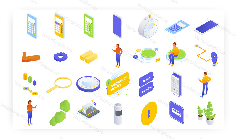 Online route planner and calculator, isometric icon set, flat vector isolated illustration. Find the shortest or the fastest route distance on mobile. Road trip planning.