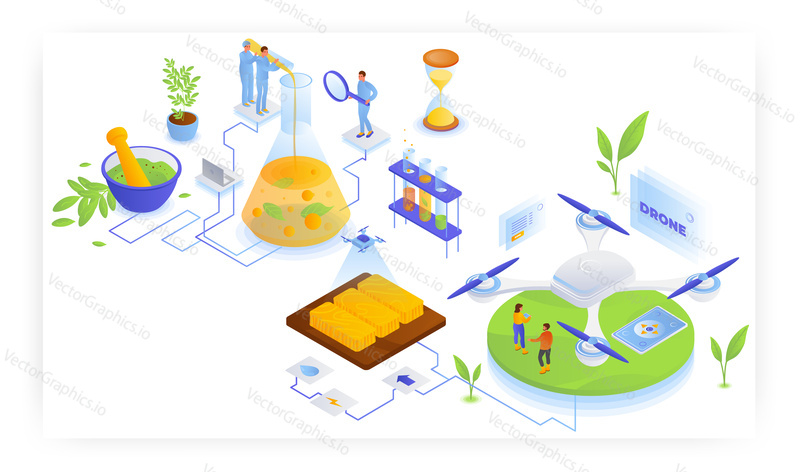 Smart farming. Agricultural drone, gmo experiment, flat vector isometric illustration. Modern agriculture technology. Genetic engineering, biotechnology, gmo testing lab.