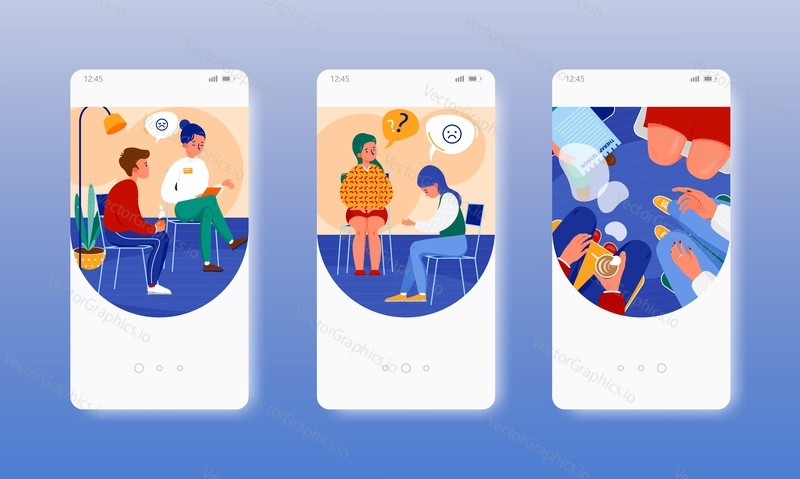 Group therapy. Psychotherapy session, counseling. Mental health problems. Mobile app onboarding screens. Vector banner template for website and mobile development. Web site and UI design illustration.