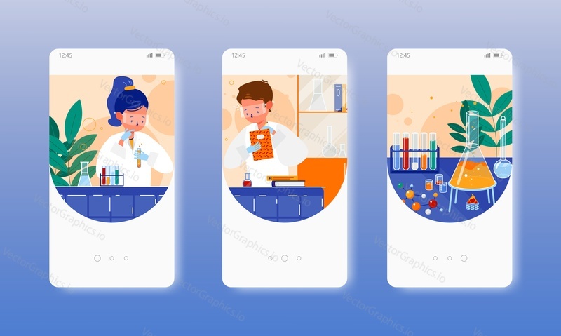 Chemistry school lab. Science experiment. Chemistry lovers club. Education. Mobile app screens. Vector banner template for website and mobile development. Web site and UI design illustration.