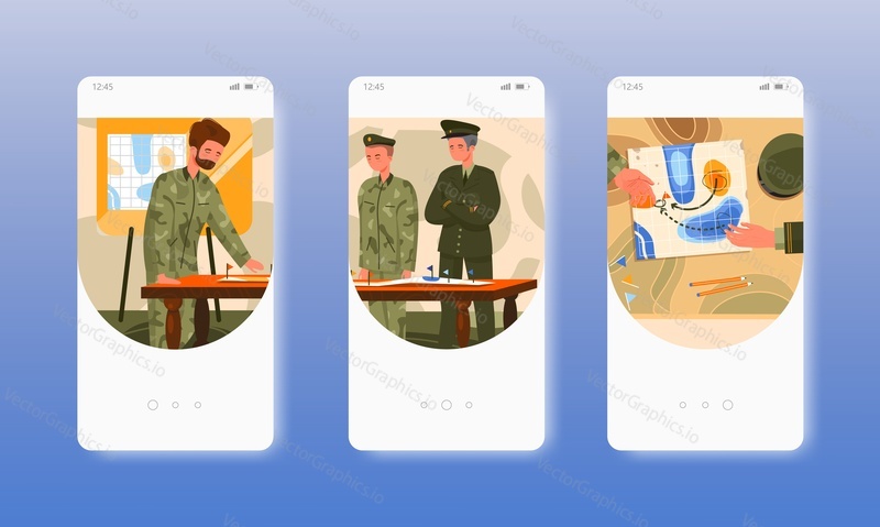 План операции. Военные миссии, учебные операции, план войны. Экраны загрузки мобильного приложения. Векторный шаблон баннера для веб-сайта и мобильной разработки. Иллюстрация дизайна веб-сайта и пользовательского интерфейса.
