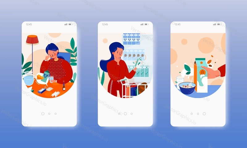 Cow milk food allergy, lactose intolerance. Healthy alternative dairy free vegan almond milk. Mobile app screens. Vector banner template for website and mobile development. Web site and UI design.