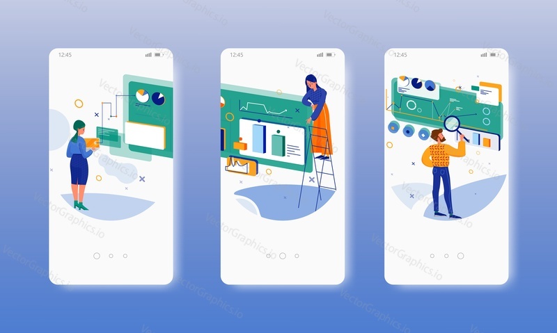Collect data. Dashboard. Search information. Financial report. Data analysis. Mobile app onboarding screens. Vector banner template for website and mobile development. Web site, UI design illustration