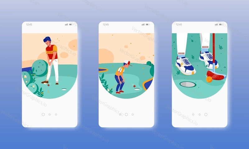 Mini golf. Family sports golf course. Father and son playing game. Active leisure. Mobile app screens. Vector banner template for website and mobile development. Web site and UI design illustration.