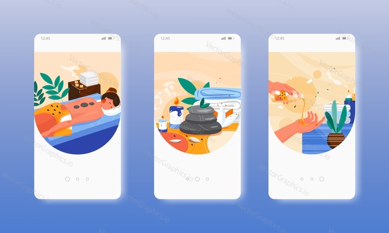 Hot stone massage therapy. Spa salon procedure, body treatment. Mobile app onboarding screens. Vector banner template for website and mobile development. Web site and UI design illustration.