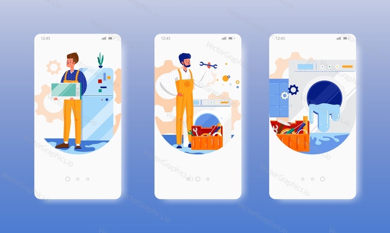 Kitchen and home appliances repair and maintenance service. Mobile app onboarding screens. Vector banner template for website and mobile development. Web site and UI design illustration.