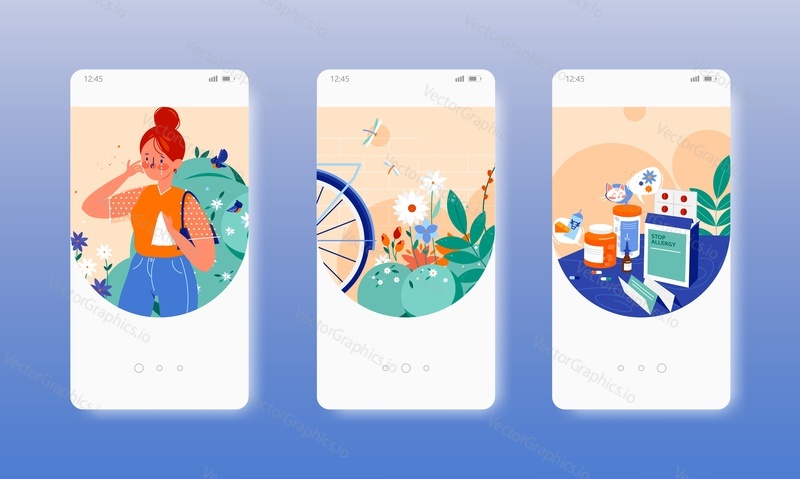 Seasonal allergy. Sneezing, runny nose pollen allergy symptoms, treatment. Mobile app onboarding screens. Vector banner template for website and mobile development. Web site and UI design illustration