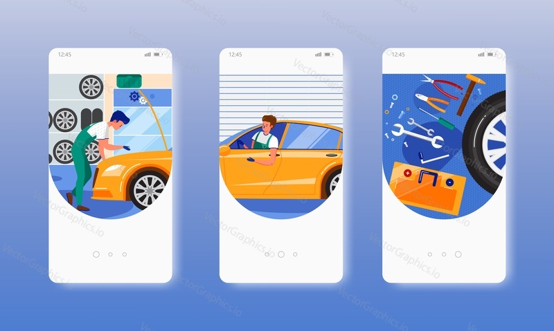 Car repair and maintenance service, parts replacement. Auto repair shop, workshop. Mobile app screens. Vector banner template for website and mobile development. Web site and UI design illustration.
