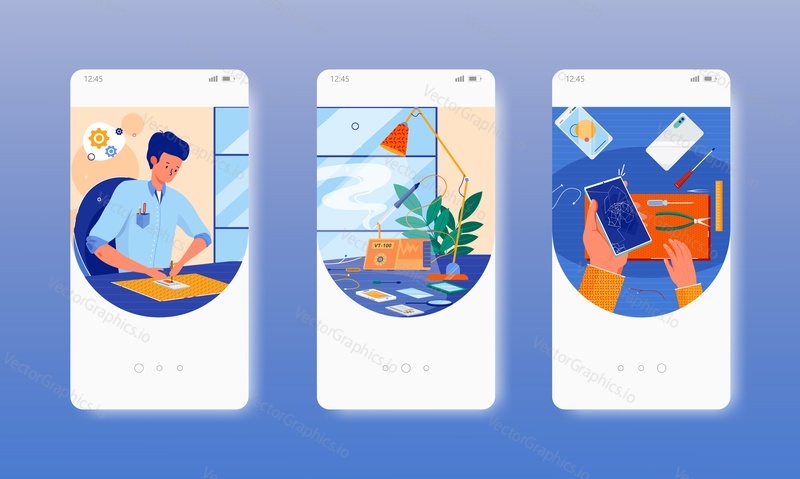 Mobile phone repair and maintenance service, broken screen replacement. Mobile app onboarding screens. Vector banner template for website and mobile development. Web site and UI design illustration.