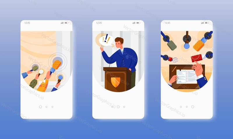 Senator, politician speech. Political debates, press conference. Mobile app onboarding screens. Vector banner template for website and mobile development. Web site and UI design illustration.