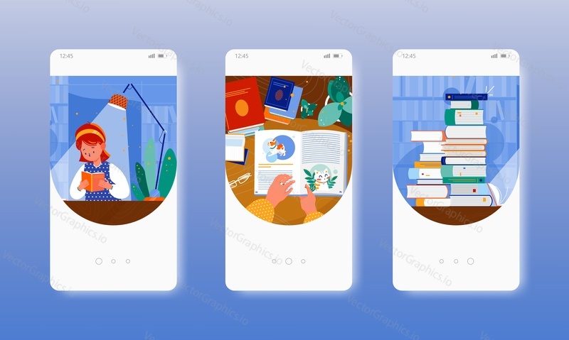 Reading book. Library. Knowledge, education. Mobile app onboarding screens. Vector banner template for website and mobile development. Web site and UI design illustration.