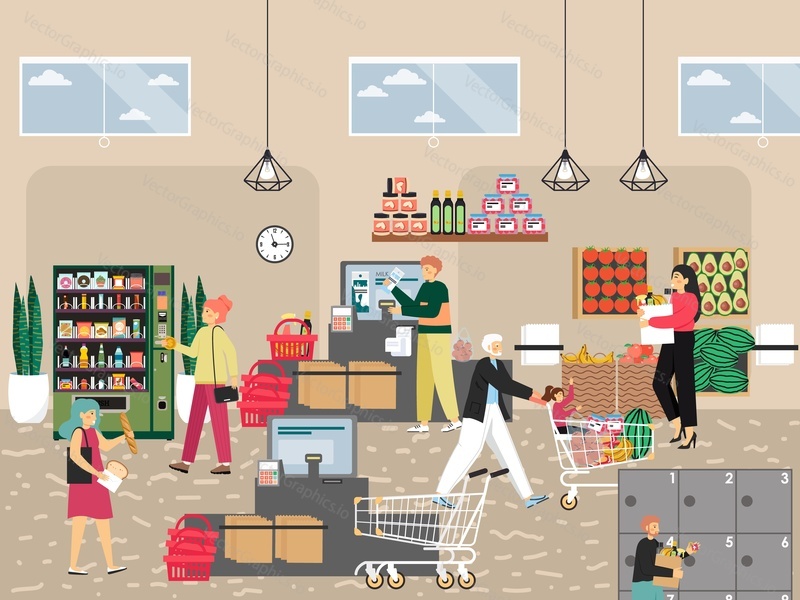 People buying food at supermarket self service cashier or counter and from vending machine, flat vector illustration. Self service technologies.