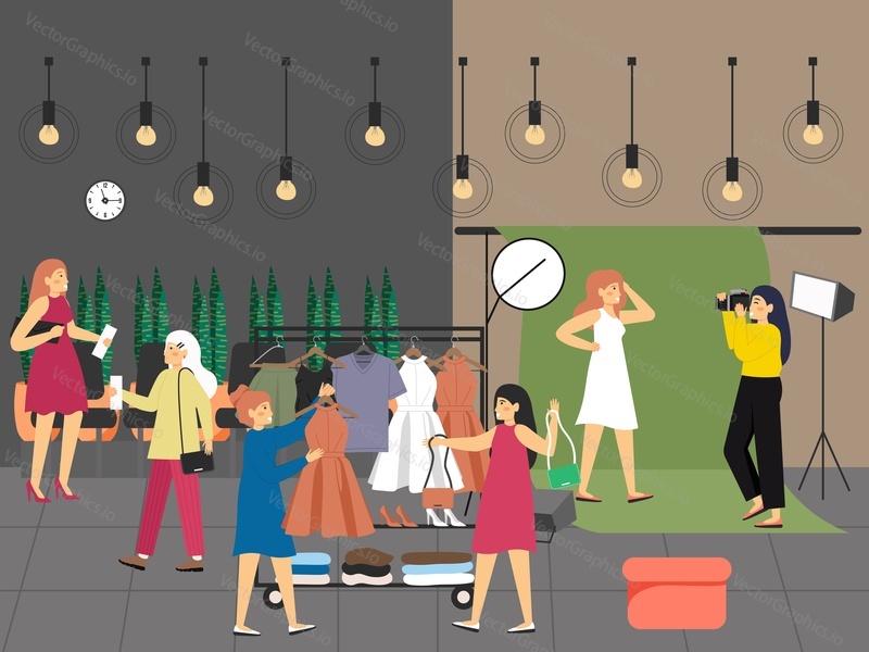 Fashion model catwalk dressing room and photoshoot scenes, flat vector illustration. Fashion industry.