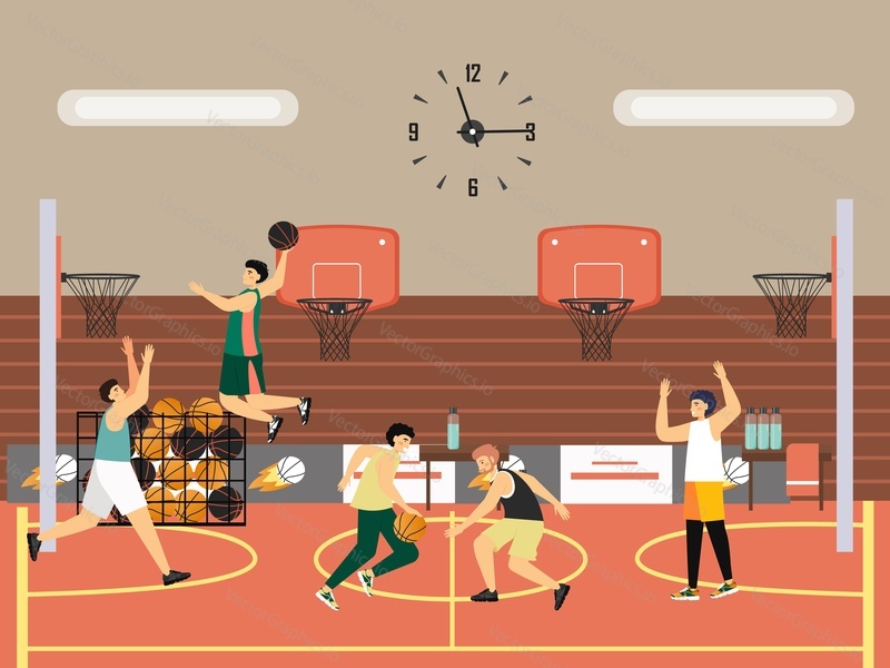 Skupina lidí hrajících basketbal, plochá vektorová ilustrace. Týmová sportovní hra, basketbalový amatérský turnaj, zápas.