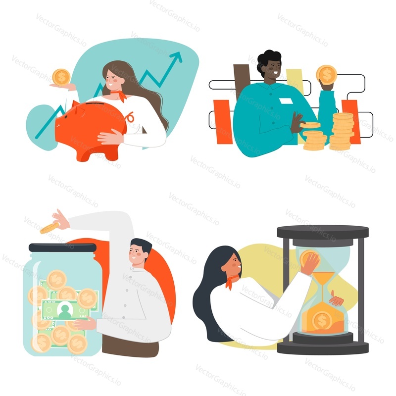 Lidé vydělávání peněz a jejich udržování v prasátko, sklenice, plochý vektor izolované ilustrace. Úspory peněz, bankovní vklad, finanční investice.