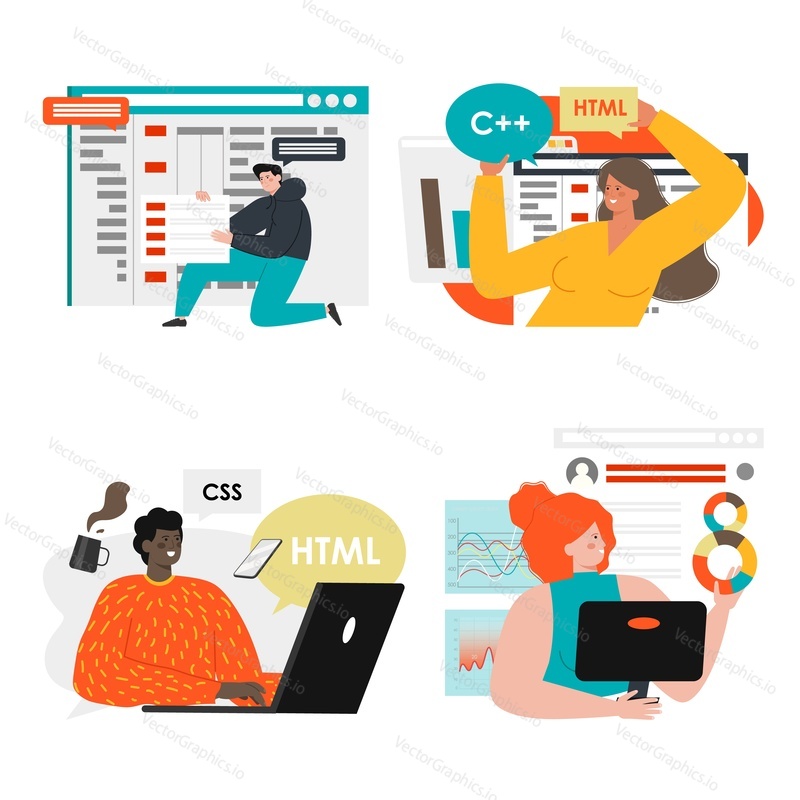 Vývojáři softwaru, programátoři kódování, programování, vytváření webových stránek, ploché vektorové izolované ilustrace. Vývoj webu a softwaru.