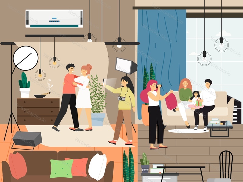 Photographer shooting happy loving couple and family characters with professional camera in studio, flat vector illustration. Photographer profession. Family photoshoot.