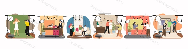 Photographer taking photo of female model, loving couple, pet dog, happy family, t-shirts, men apparel, flat vector isolated illustration. Photographer profession, photo session in studio.