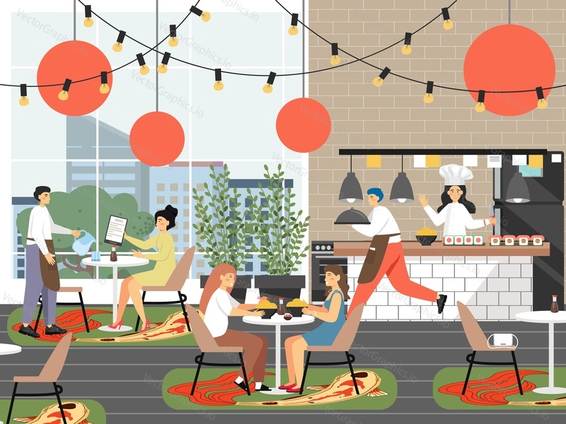Two young women having dinner at japanese restaurant, flat vector illustration. Asian cuisine. Daily routine, everyday life, daily habits.