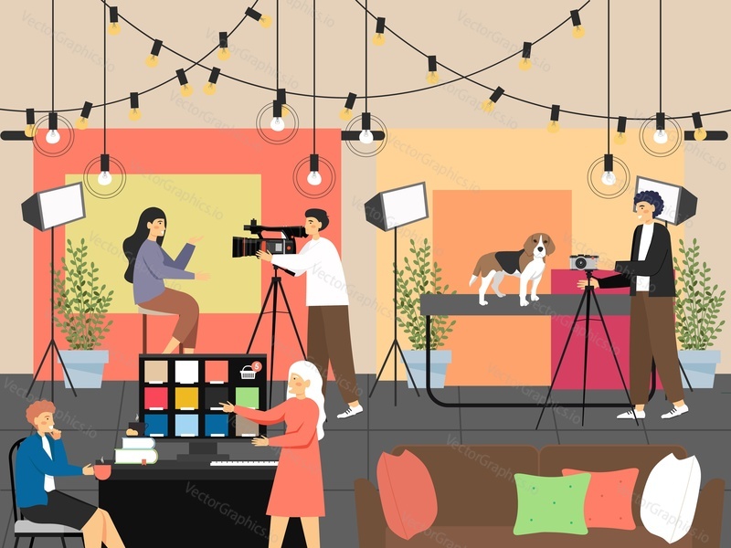 Photographer shooting young girl and cute pet dog with professional camera in studio, flat vector illustration. Photographer profession. Photoshoot.