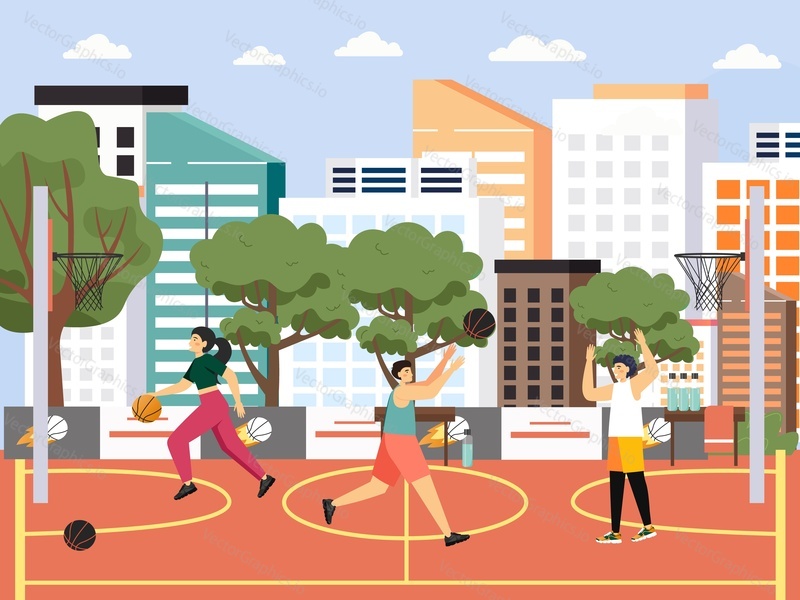 Skupina lidí hrajících pouliční basketbal, plochá vektorová ilustrace. Venkovní basketbalové hřiště. Aktivní životní styl.