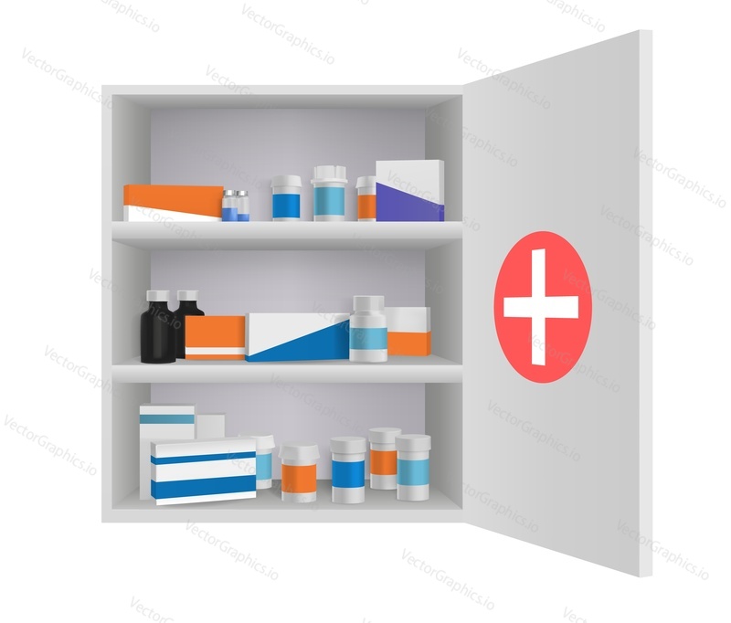 Medicine cabinet with tablets pills and drug bottles. Home pharmacy in bathroom 3d vector illustration. Open box with first aid medication, storage shelf with personal medicine objects.