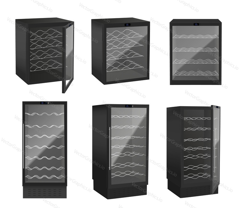 Wine fridge with glass door 3d vector set. Beverage cooler for beer and wine bottles. Empty black refrigerator for wine.