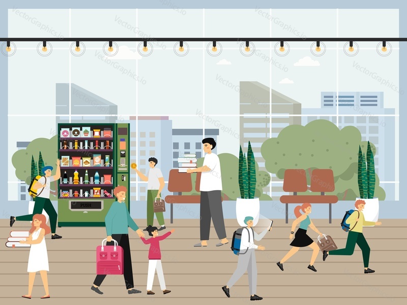 Students, schoolchildren, kids with parents in school hall or corridor, flat vector illustration. School break, education concept.