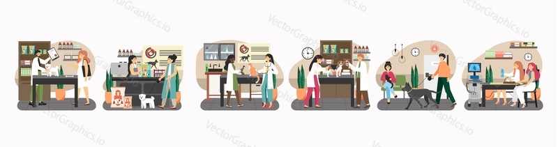 Pets with owners in vet clinic scene set, flat vector isolated illustration. Doctor veterinarian examining cat and dog, giving a shot, doing ultrasound, selling food. Vet services. Pet care.