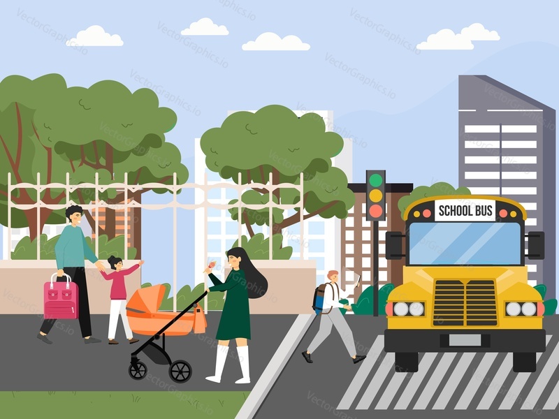 Happy schoolboy, student with backpack boarding yellow school bus, flat vector illustration. School transportation service.