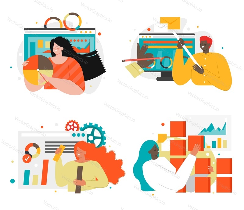 Web developer, designer cartoon character set, flat vector isolated illustration. Web chart, data visualization design.