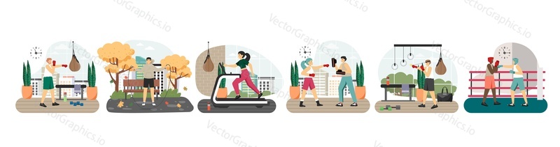 Boxing people set, flat vector isolated illustration. Boxers training, fighting. Boxing match fight ring, gym and outdoor workout. Competitive sport.