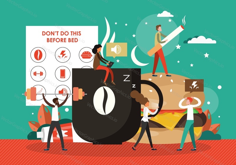 Bad sleep or insomnia causes, flat vector illustration. Caffeine, smoking, eating, smartphone, sport exercises at night. Bad unhealthy sleep habits, mental health disorder.