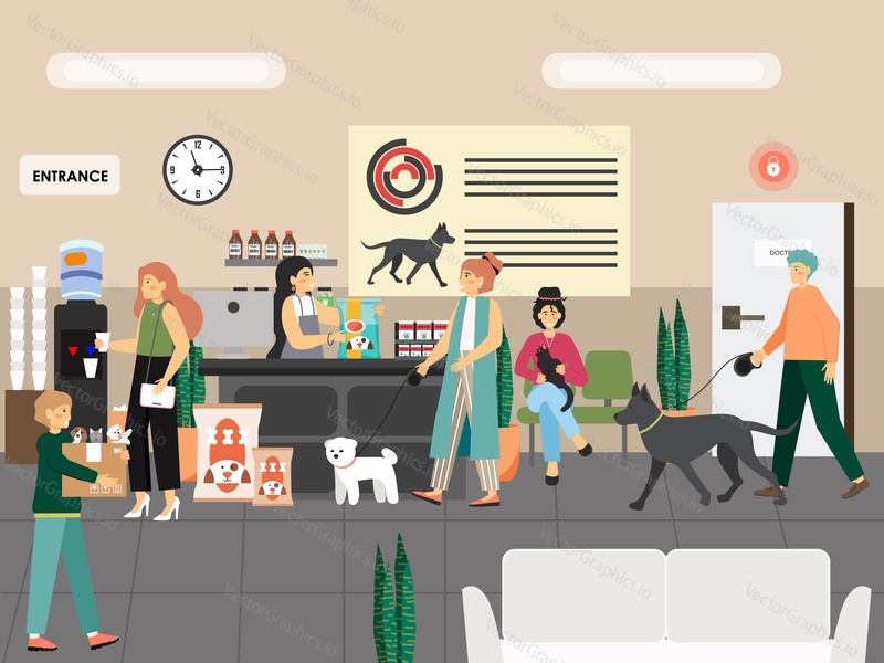 Lidé s kočkami a psy v zverimexu, ploché vektorové ilustrace. Znaky nákup potravin, roztomilé malé domácí zvířata. Obchod se zvířaty.